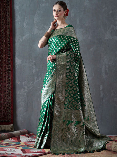 Buy Angelina Green Silk Blend Kanjivaram One Minute Saree Online - Back