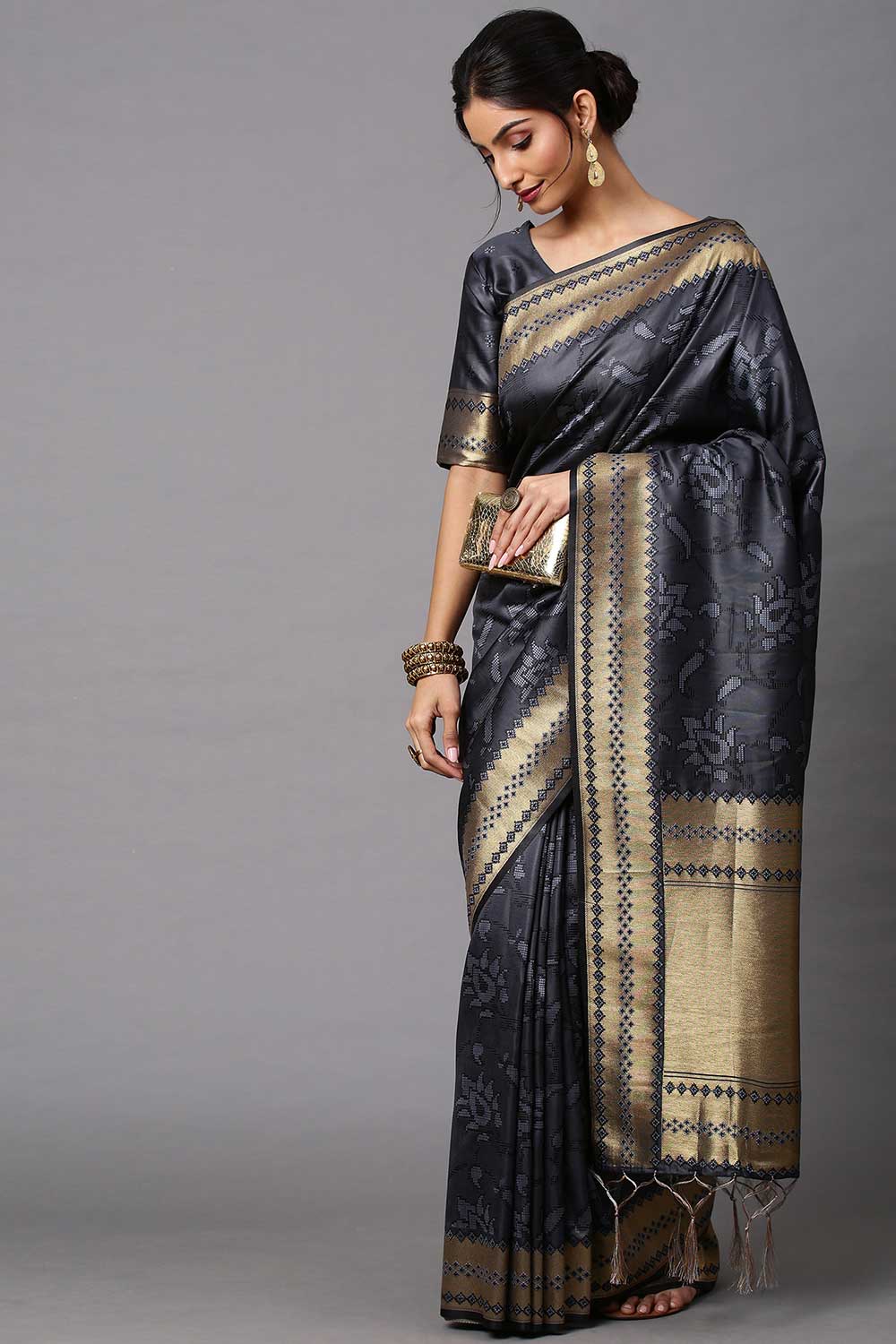 Buy Mina Charcoal Grey Abstract Print Cotton Silk One Minute Saree Online