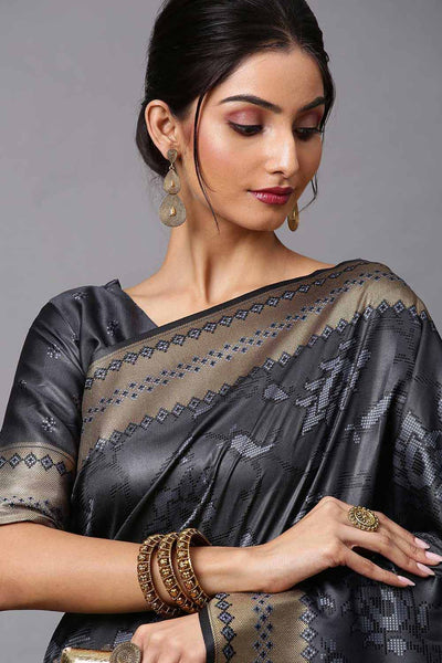 Buy Mina Charcoal Grey Abstract Print Cotton Silk One Minute Saree Online - Front
