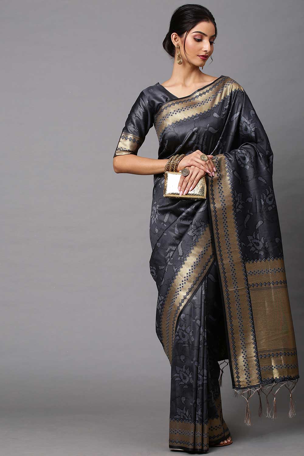 Buy Mina Charcoal Grey Abstract Print Cotton Silk One Minute Saree Online - One Minute Saree