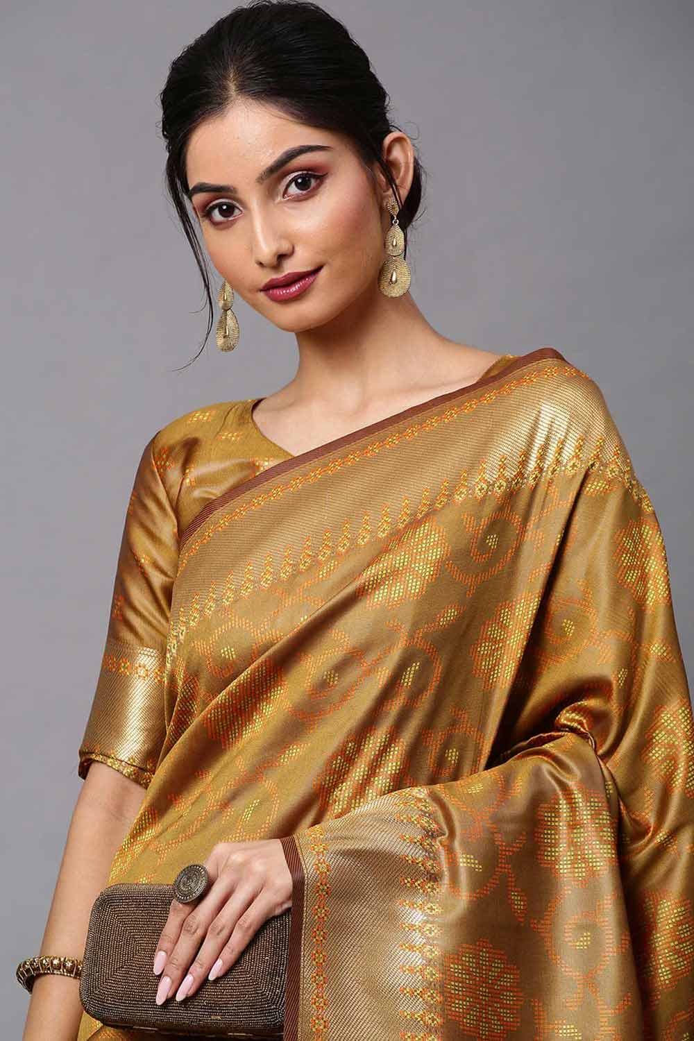 Buy Anika Mustard Abstract Print Cotton Silk One Minute Saree Online - Front