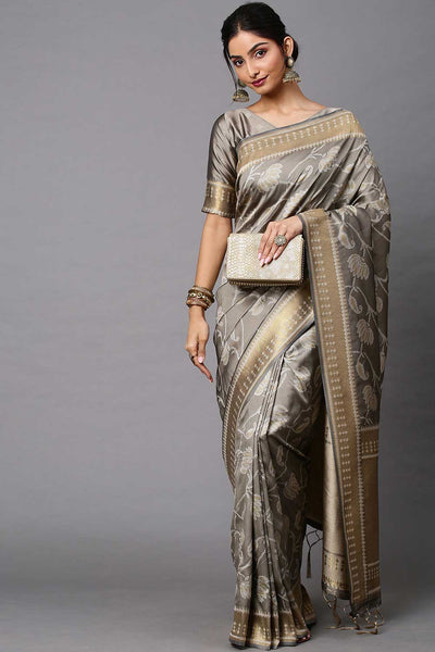 Buy Rain Grey Abstract Print Cotton Silk One Minute Saree Online - One Minute Saree