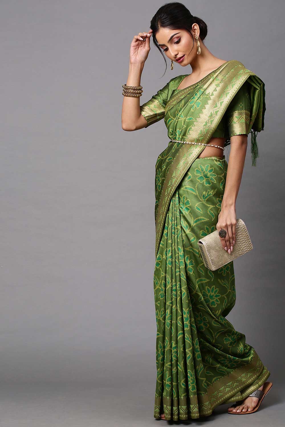 Buy Ojas Olive Abstract Print Cotton Silk One Minute Saree Online
