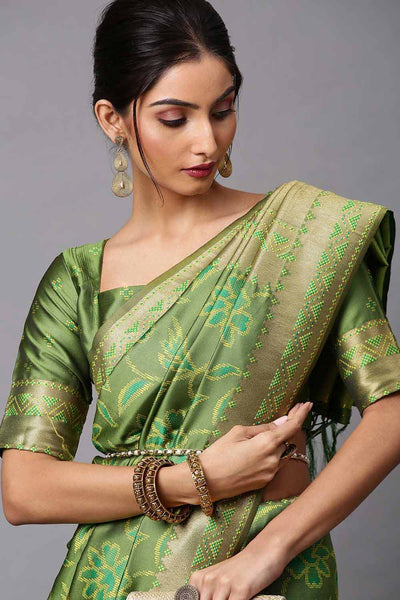 Buy Ojas Olive Abstract Print Cotton Silk One Minute Saree Online - Front