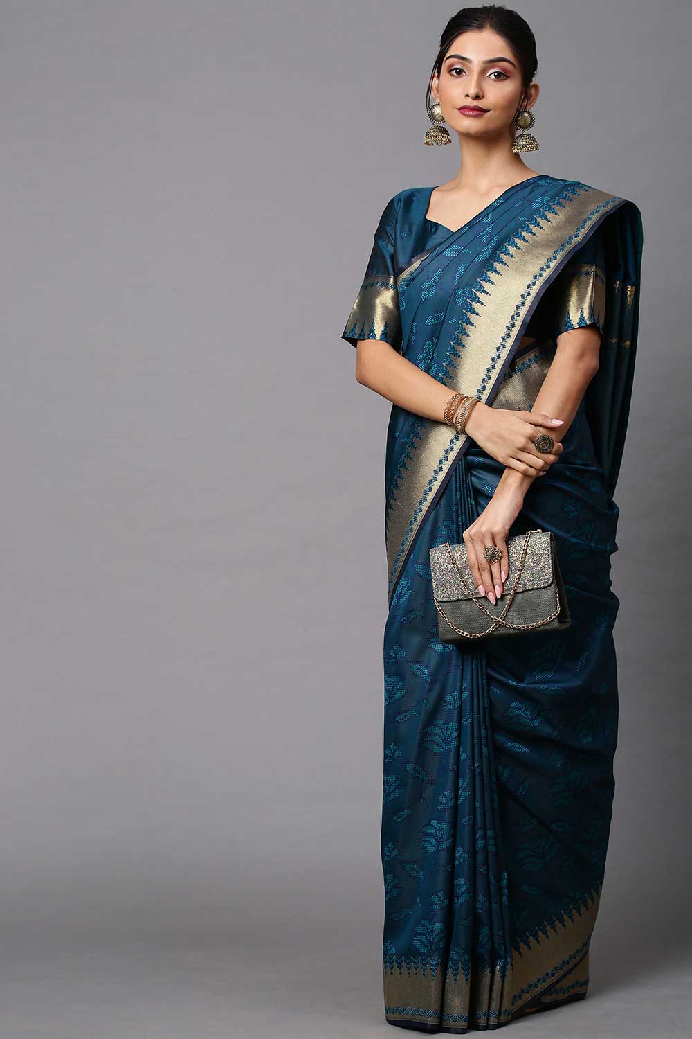 Buy Trisha Teal blue Abstract Print Cotton Silk One Minute Saree Online