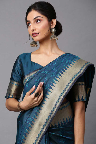 Buy Trisha Teal blue Abstract Print Cotton Silk One Minute Saree Online - Front