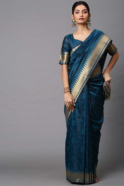 Buy Trisha Teal blue Abstract Print Cotton Silk One Minute Saree Online - One Minute Saree