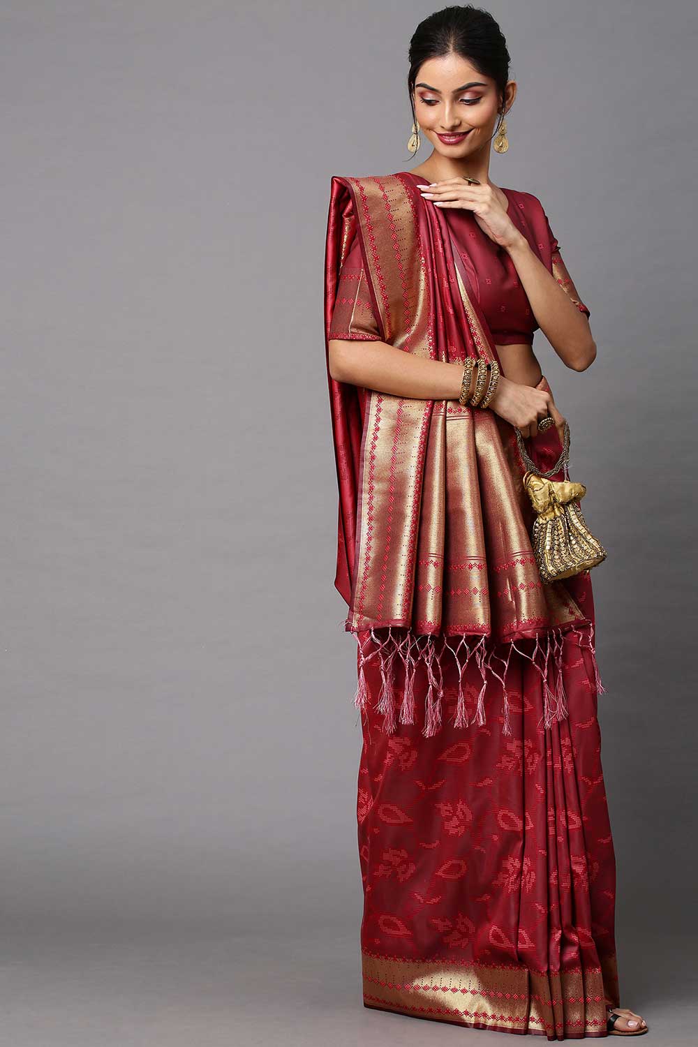 Buy Aiza Burgundy Abstract Print Cotton Silk One Minute Saree Online