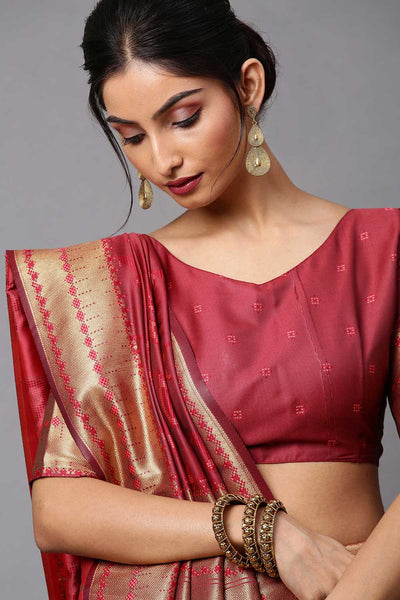 Buy Aiza Burgundy Abstract Print Cotton Silk One Minute Saree Online - Front