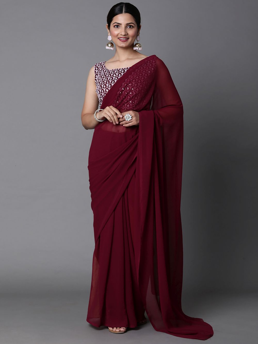 Shop Kera Burgundy Georgette Party Wear Solid Saree at best offer at our  Store - One Minute Saree