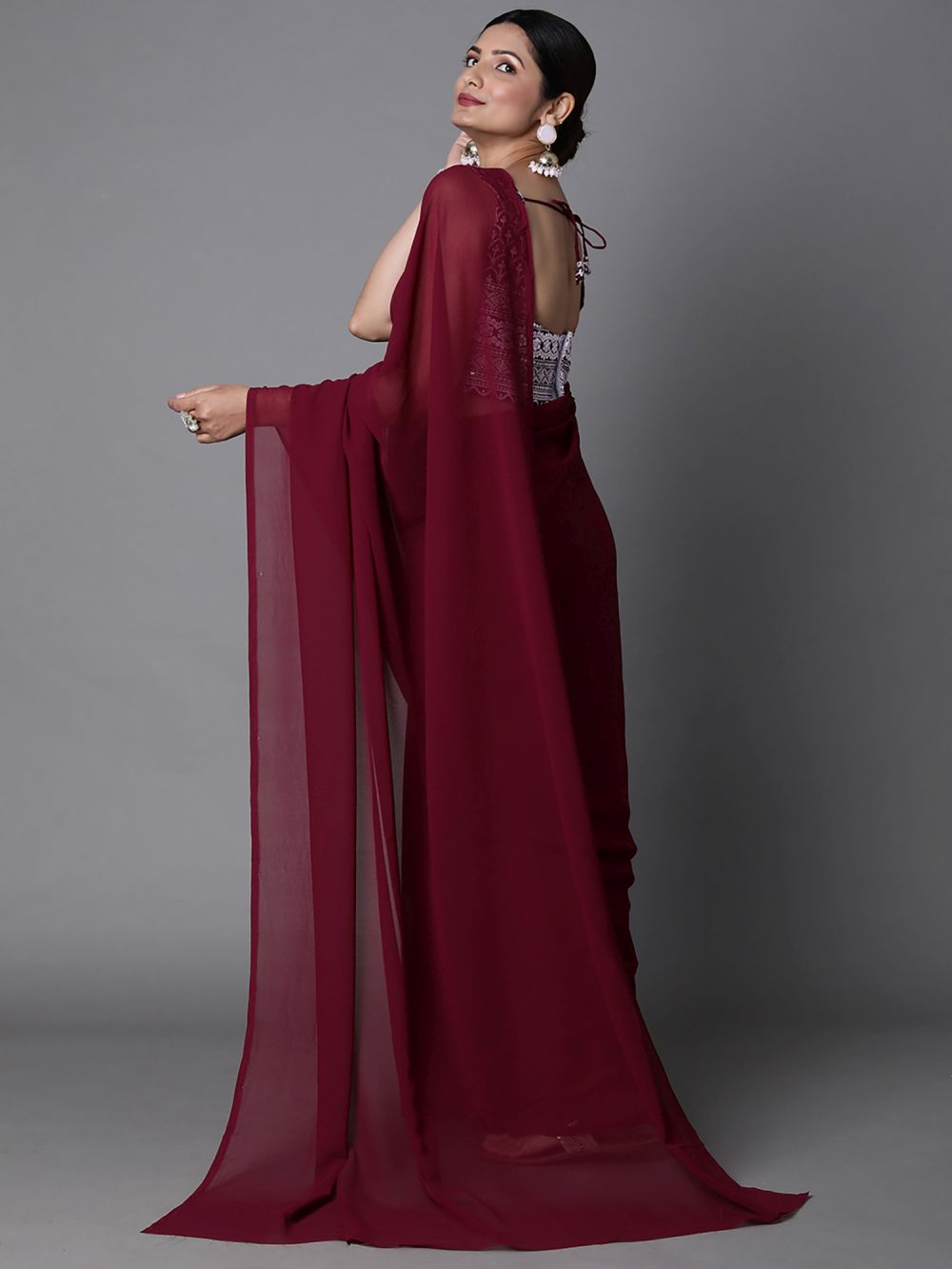 Buy Kera Burgundy Georgette Party Wear Solid Saree Online