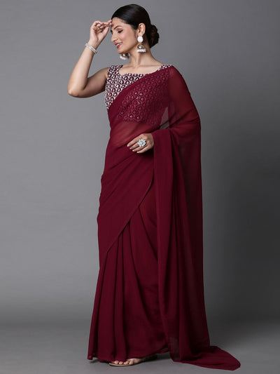 Buy Kera Burgundy Georgette Party Wear Solid Saree Online - Back