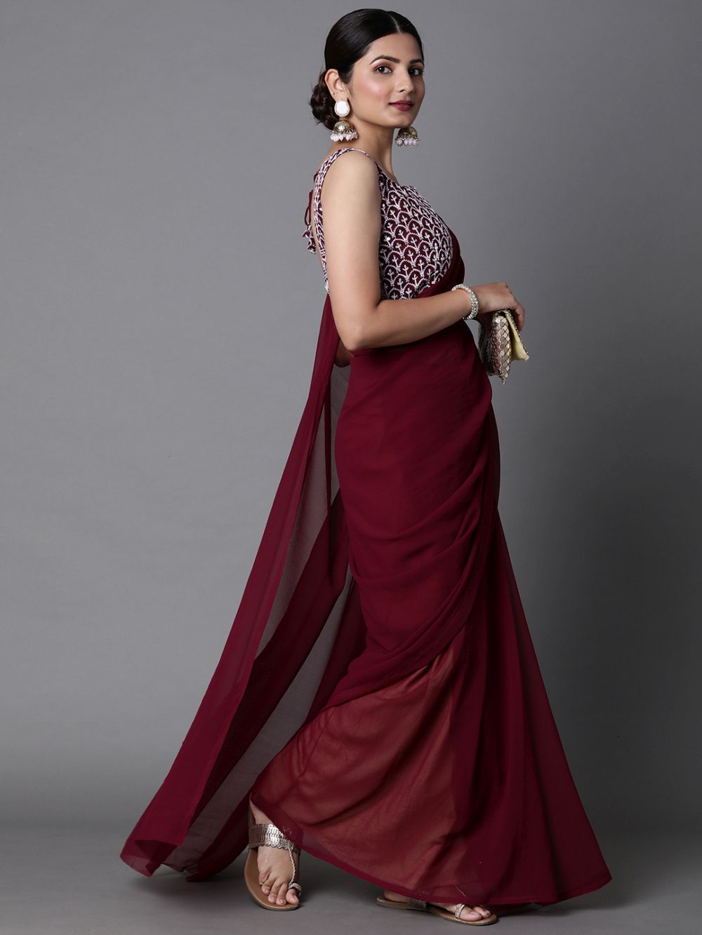 Buy Kera Burgundy Georgette Party Wear Solid Saree Online - Front