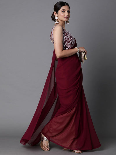 Buy Kera Burgundy Georgette Party Wear Solid Saree Online - Front