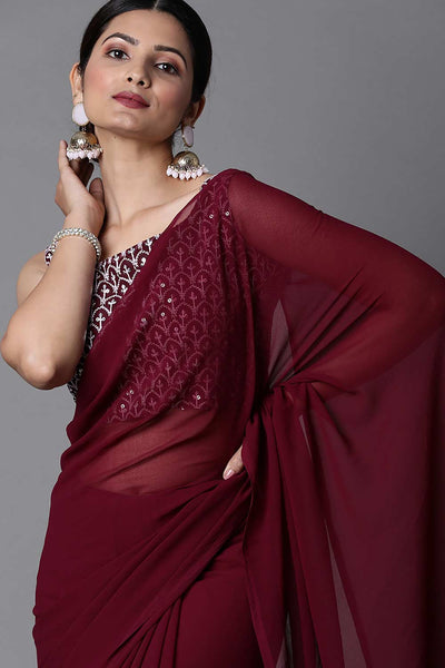 Buy Kera Burgundy Georgette Party Wear Solid Saree Online - One Minute Saree