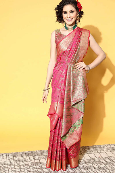 Buy Saliya Pink Silk Blend Geometric Woven Banarasi One Minute Saree Online - One Minute Saree