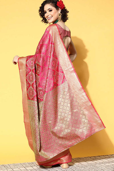 Shop Saliya Pink Silk Blend Geometric Woven Banarasi One Minute Saree at best offer at our  Store - One Minute Saree