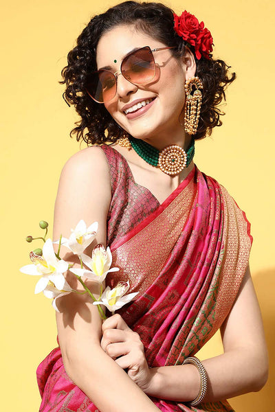 Buy Saliya Pink Silk Blend Geometric Woven Banarasi One Minute Saree Online - Back