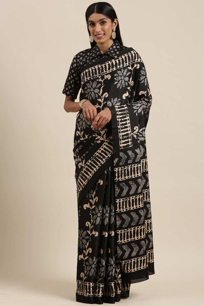 Buy Nadia Black Manipuri Silk Floral Block Print One Minute Saree Online - One Minute Saree
