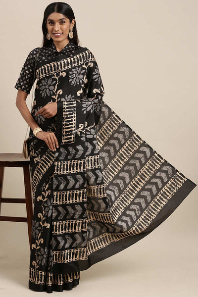 Buy Nadia Black Manipuri Silk Floral Block Print One Minute Saree Online
