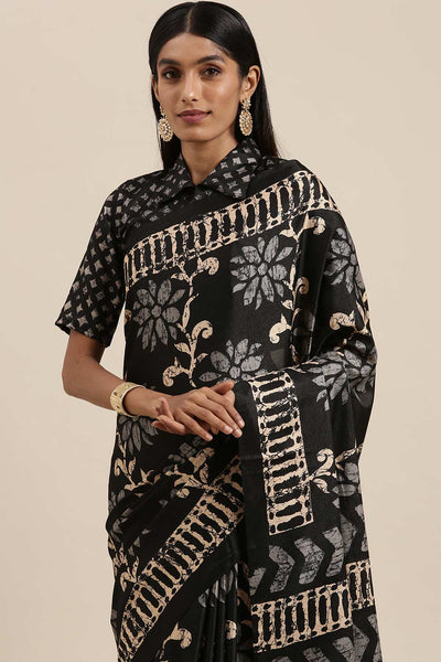 Buy Nadia Black Manipuri Silk Floral Block Print One Minute Saree Online - Back