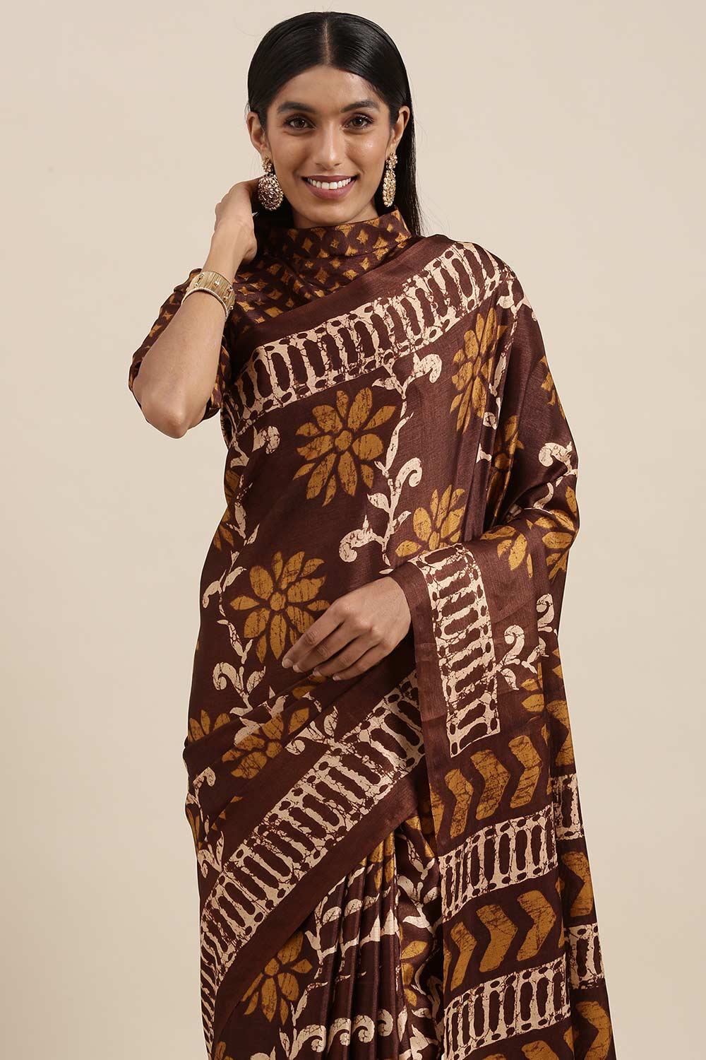 Buy Marni Brown Manipuri Silk Floral Block Print One Minute Saree Online - Back