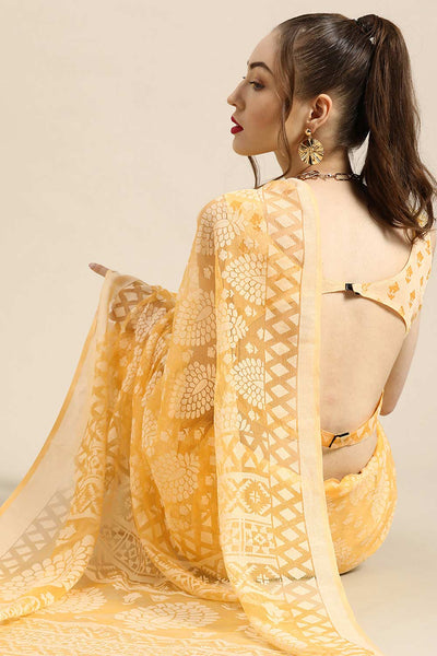 Dory Yellow Brasso Floral Print Chanderi One Minute Saree