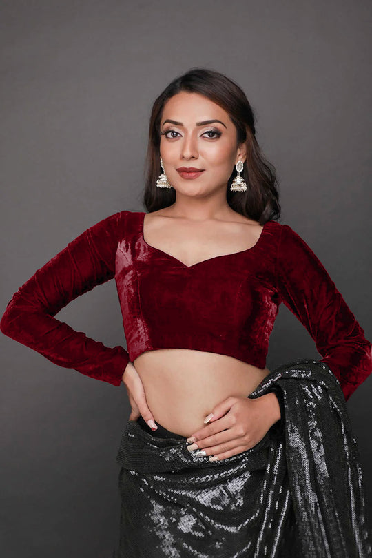 Buy Bianca Burgundy Velvet Custom Design Blouse Online - One Minute Saree