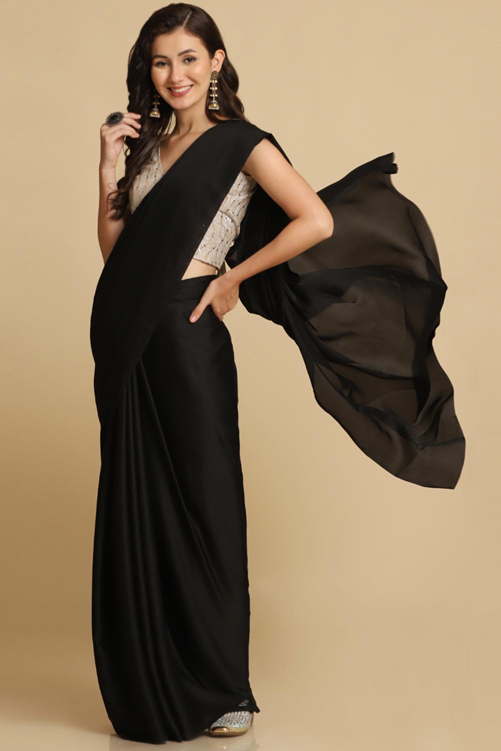 Shop Sapna Black Zari Woven Fancy Satin One Minute Saree at best offer at our  Store - One Minute Saree