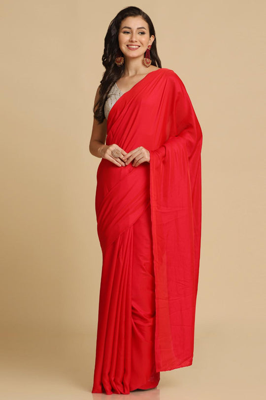 Buy Sapna Red Zari Woven Fancy Satin One Minute Saree Online - Back