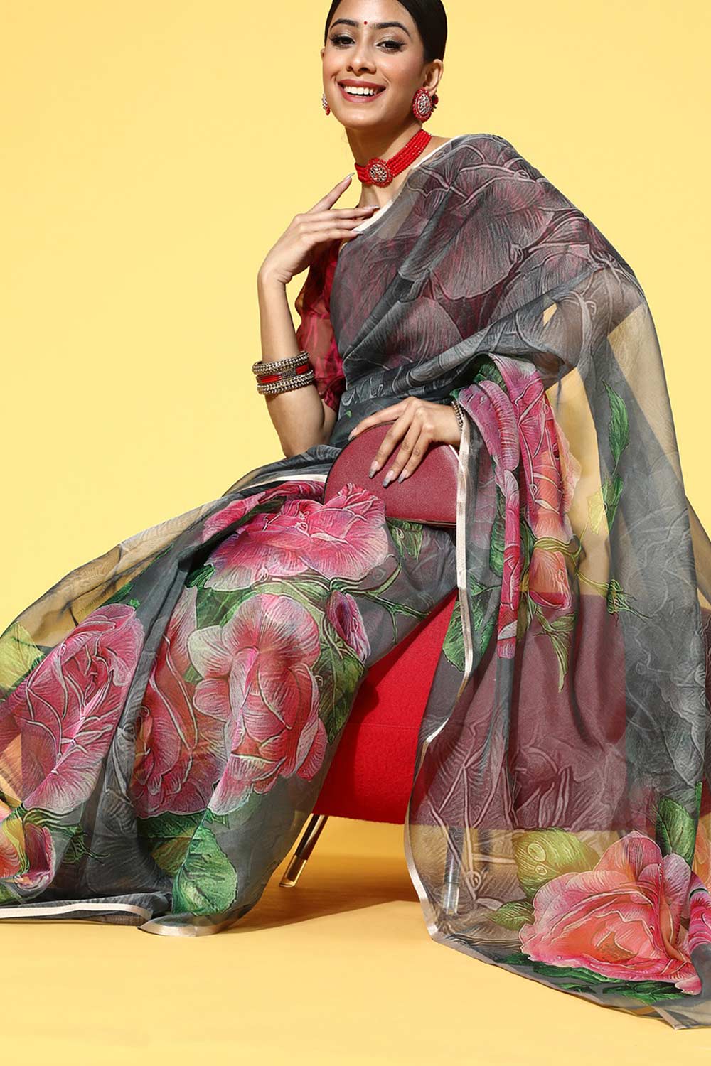 Leslie Multi-Color Organza Floral Print One Minute Saree