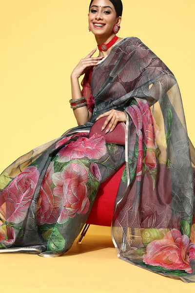 Buy Leslie Multi-Color Organza Floral Print One Minute Saree Online - One Minute Saree