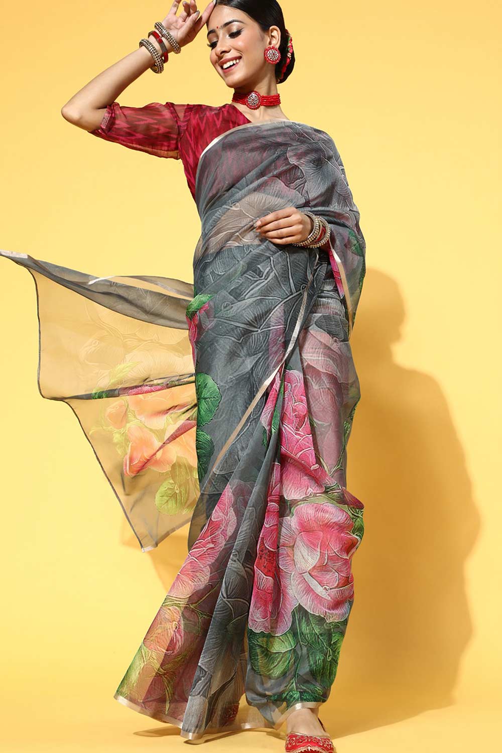 Leslie Multi-Color Organza Floral Print One Minute Saree