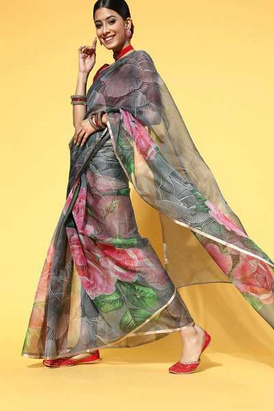 Leslie Multi-Color Organza Floral Print One Minute Saree