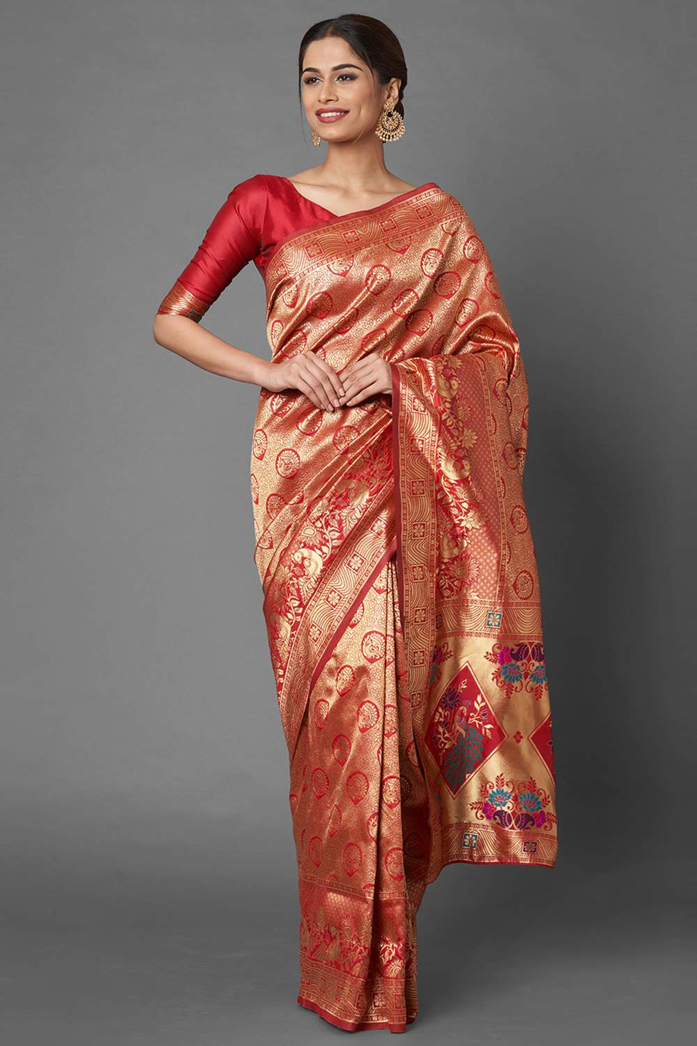 Buy Mari Red Woven Silk Blend One Minute Saree Online - One Minute Saree