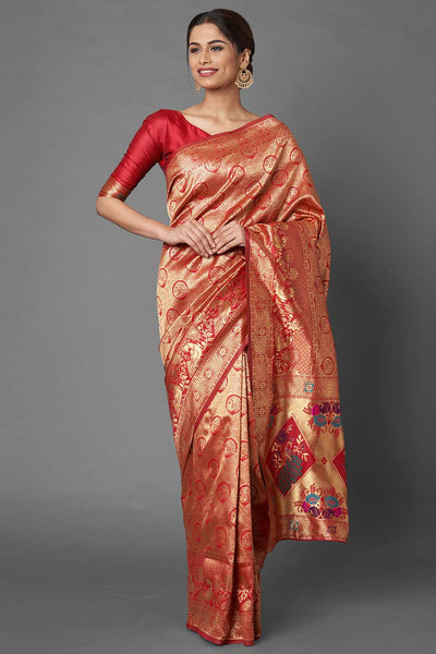Buy Mari Red Woven Silk Blend One Minute Saree Online - One Minute Saree