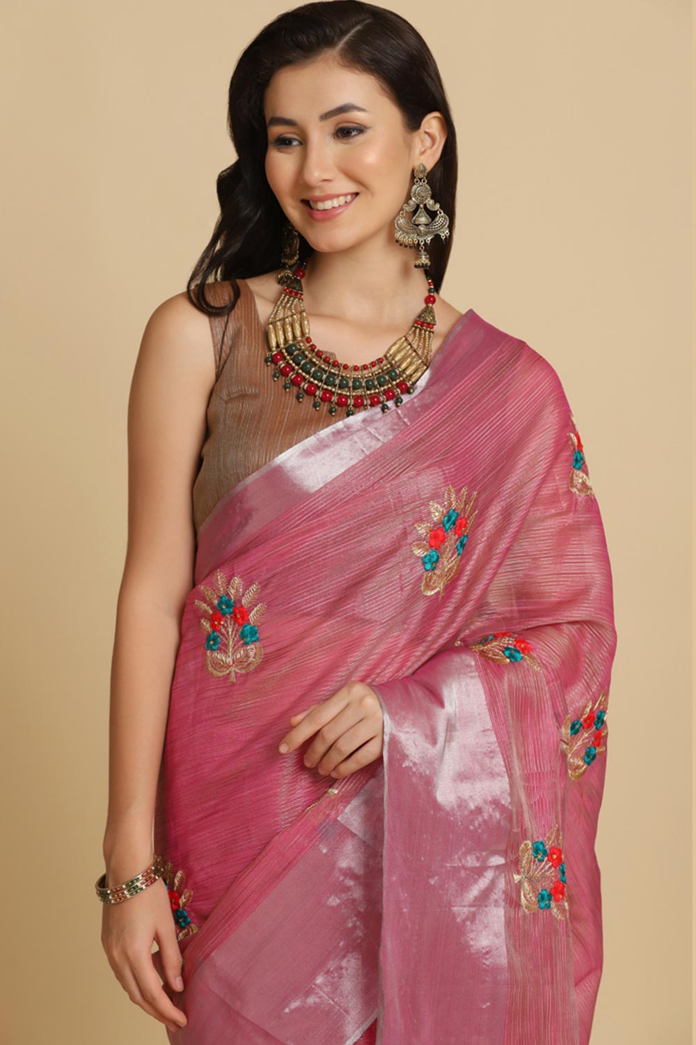 Shop Alisa Dark Pink Resham Embroidery One Minute Saree at best offer at our  Store - One Minute Saree