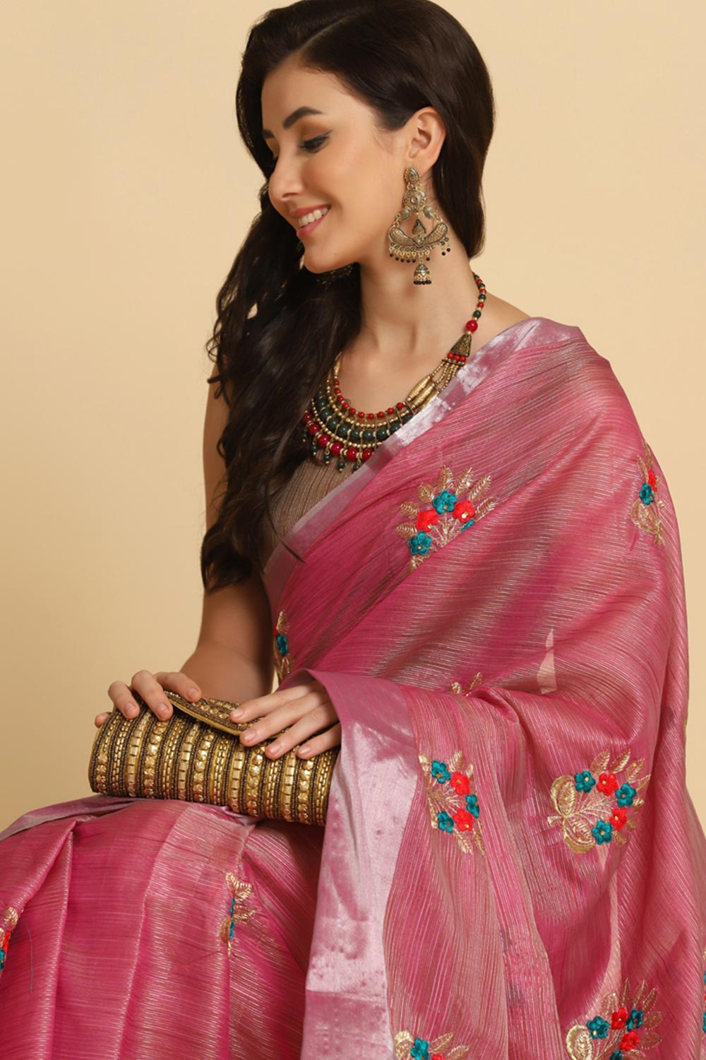 Buy Alisa Dark Pink Resham Embroidery One Minute Saree Online - Back