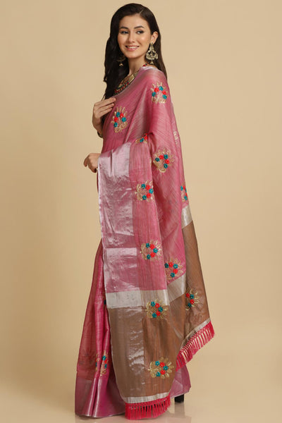 Buy Alisa Dark Pink Resham Embroidery One Minute Saree Online - Front