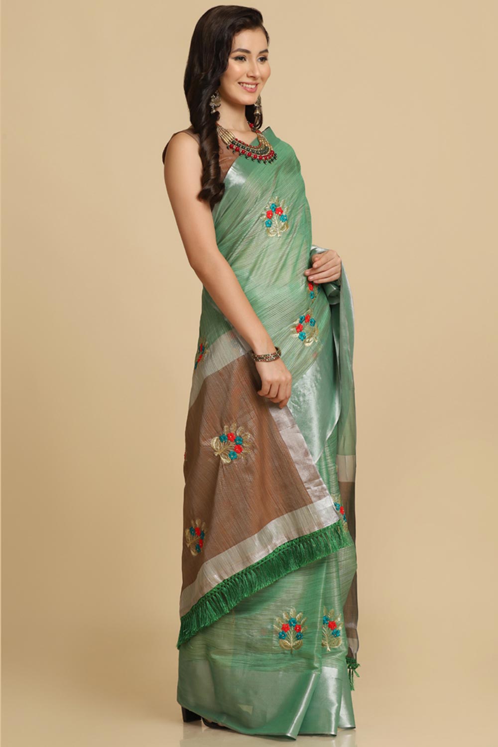 Shop Alisa Sea Green Resham Embroidery One Minute Saree at best offer at our  Store - One Minute Saree