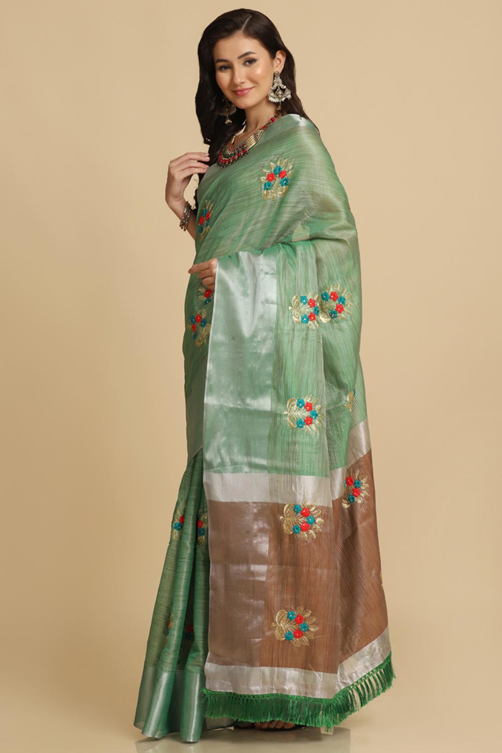 Buy Alisa Sea Green Resham Embroidery One Minute Saree Online - Front