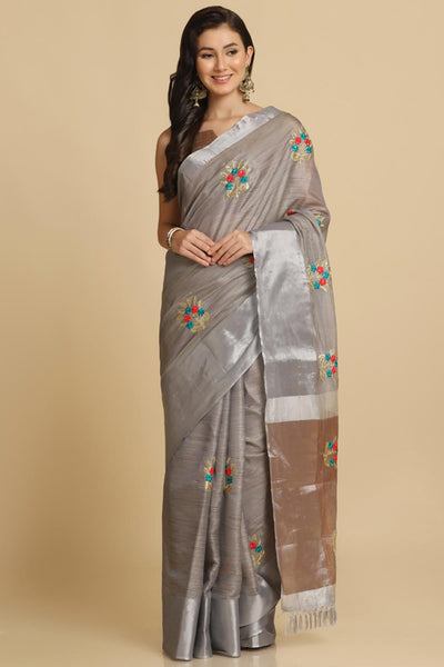 Buy Alisa Grey Resham Embroidery One Minute Saree Online - One Minute Saree