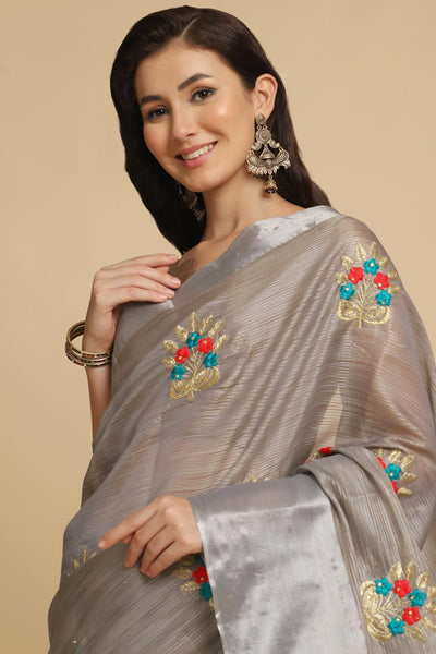 Shop Alisa Grey Resham Embroidery One Minute Saree at best offer at our  Store - One Minute Saree