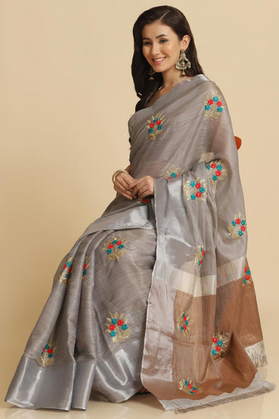 Buy Alisa Grey Resham Embroidery One Minute Saree Online