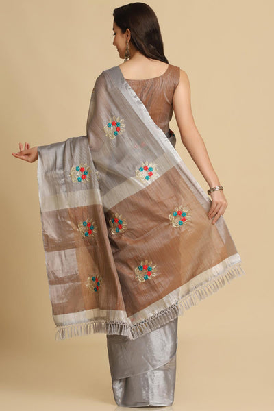 Buy Alisa Grey Resham Embroidery One Minute Saree Online - Back
