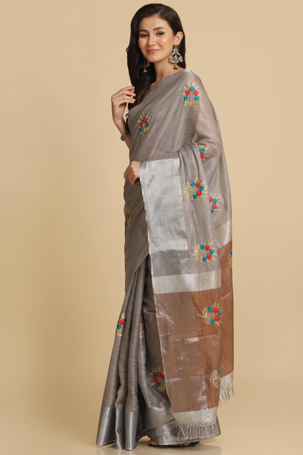 Buy Alisa Grey Resham Embroidery One Minute Saree Online - Front