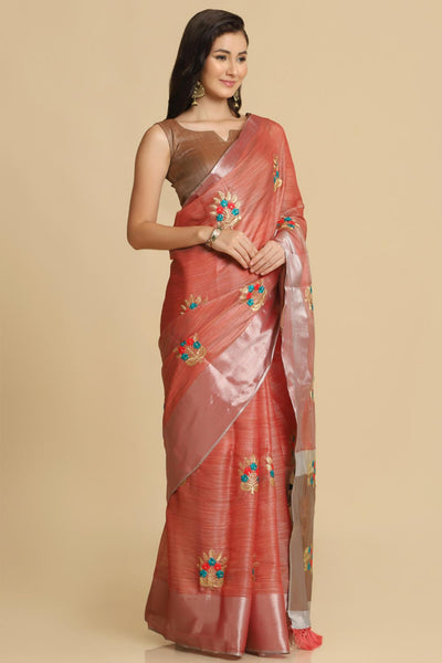 Shop Alisa Peach Resham Embroidery One Minute Saree at best offer at our  Store - One Minute Saree