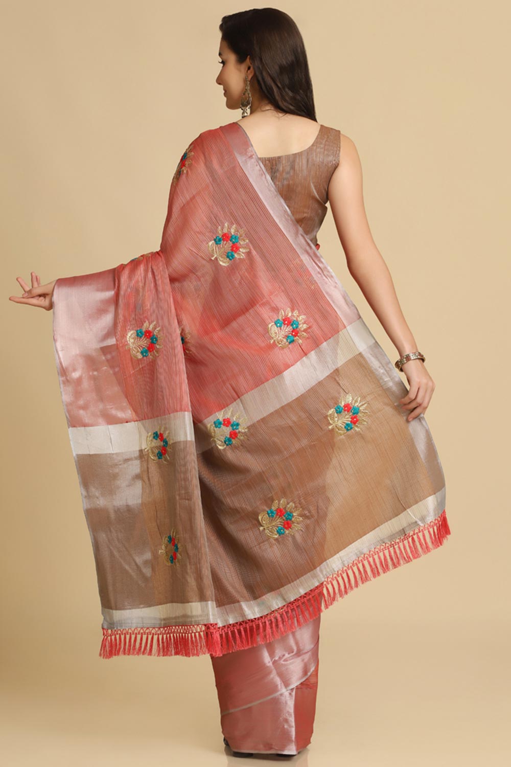 Buy Alisa Peach Resham Embroidery One Minute Saree Online - Back