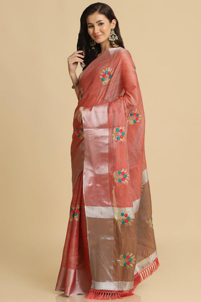 Buy Alisa Peach Resham Embroidery One Minute Saree Online - Front