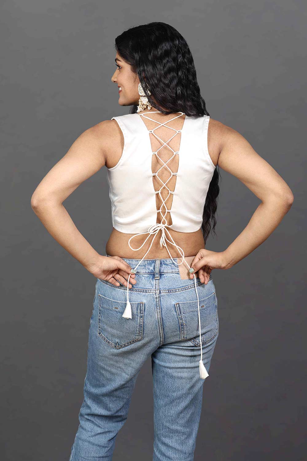 Shop Reese White Satin Stretch Square Neck Criss-Cross Back Adjustable Blouse at best offer at our  Store - One Minute Saree